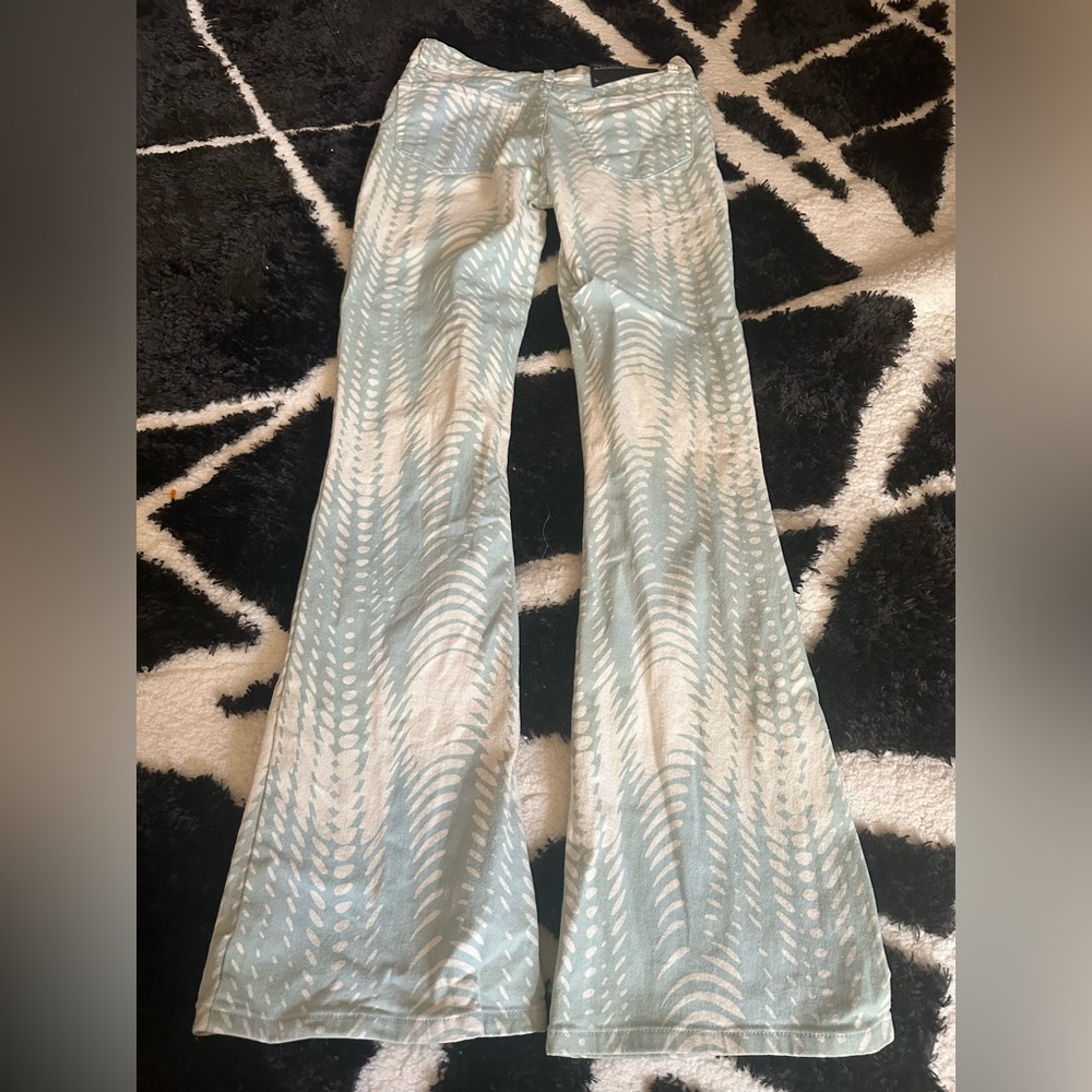 Alexander McQueen Op-Art pants size EU 42 US 12 designer teal and cream flare - Picture 2 of 9